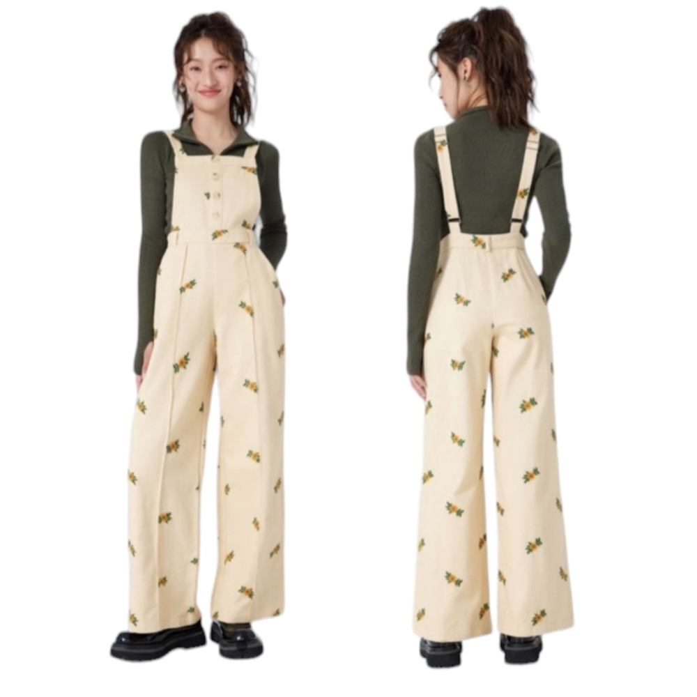 Cider Ditsy Floral Embroidered Cream Jumpsuit Dungaress Size M